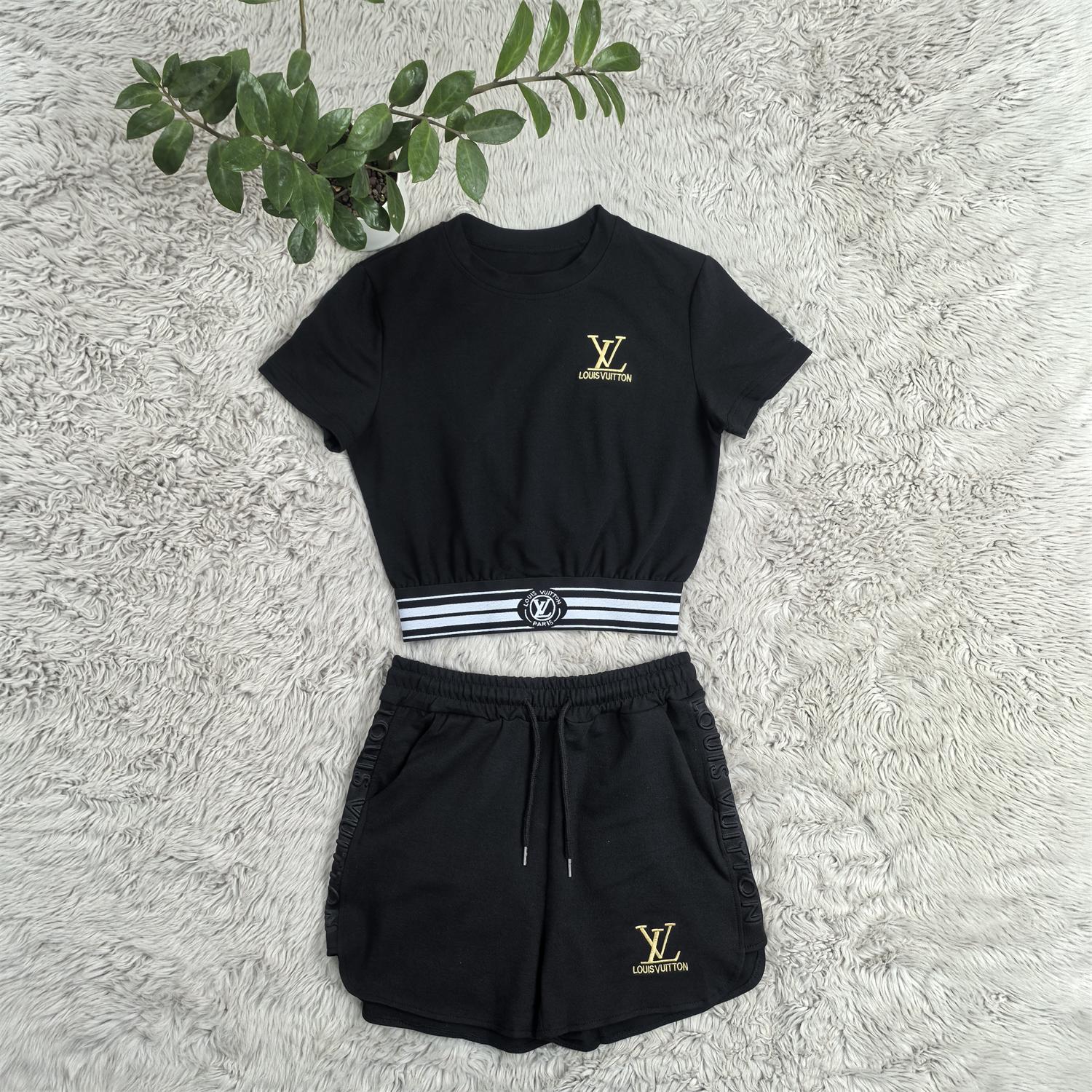 Women's Fashion Casual Cotton Trendy Embroidered Embossed Ribbon Short-Sleeved Shorts Set 22