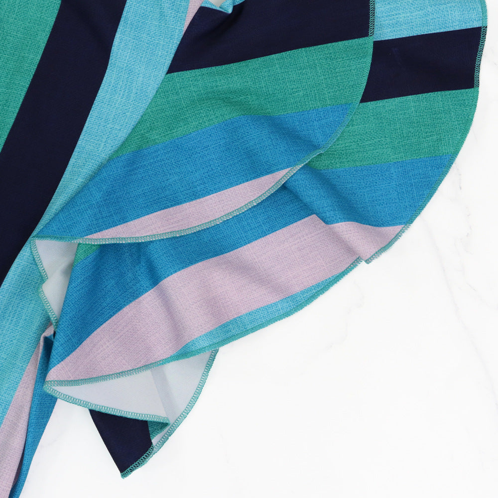 Women Striped Print Lace-Up Ruffle Sleeve Maxi Dress 8