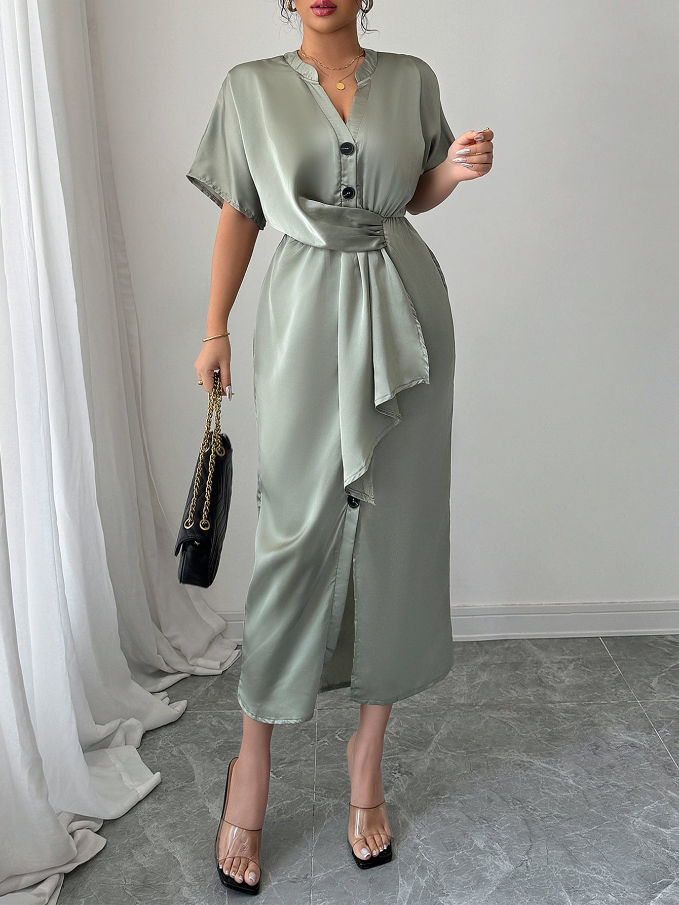 Spring/Summer Chic Elegant V-Neck Side-Slit Slim Waist Midi Dress 4