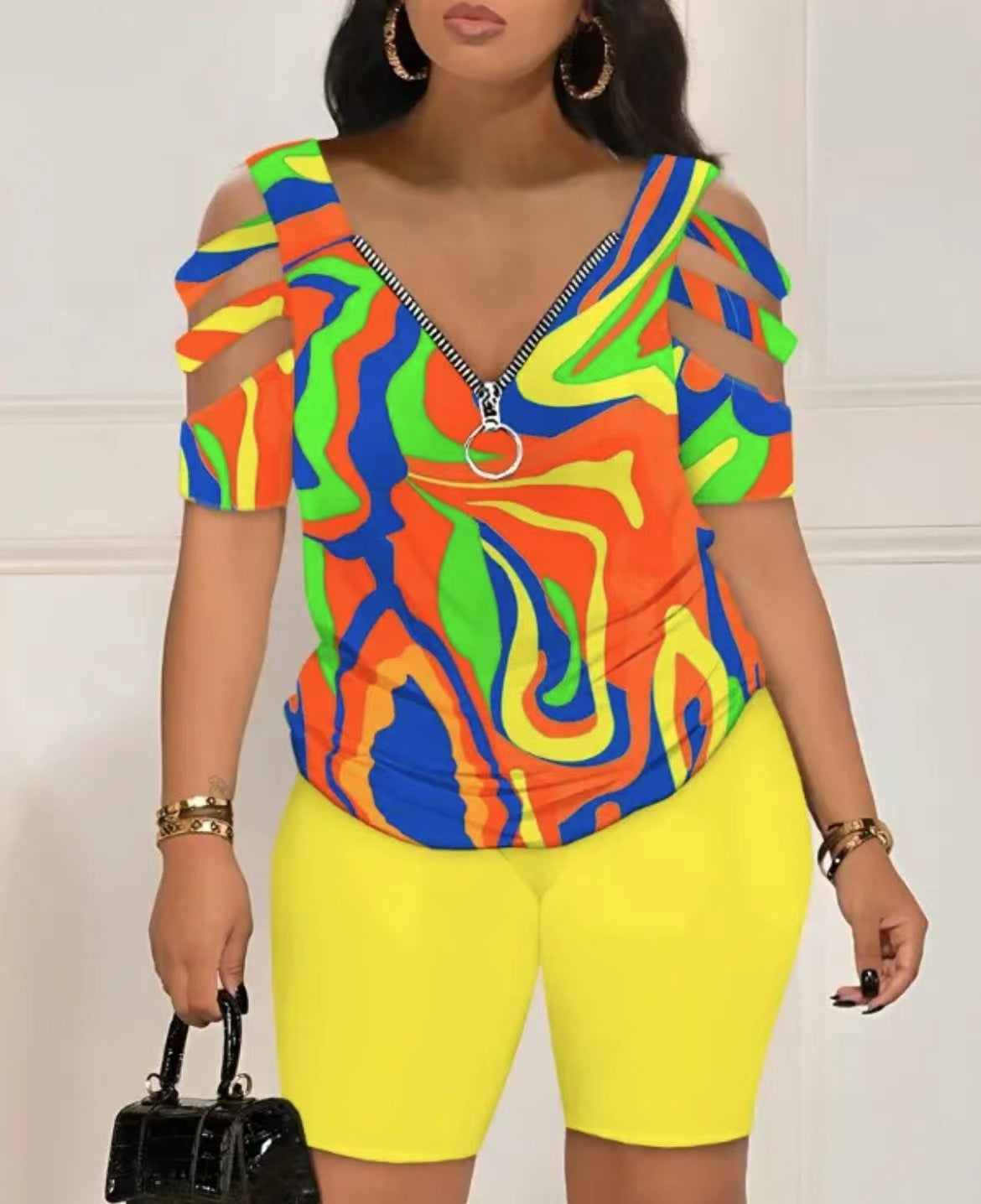 Women Contrasting Color Bandage Print Short Sleeve Top and Shorts Two-Piece Set 11