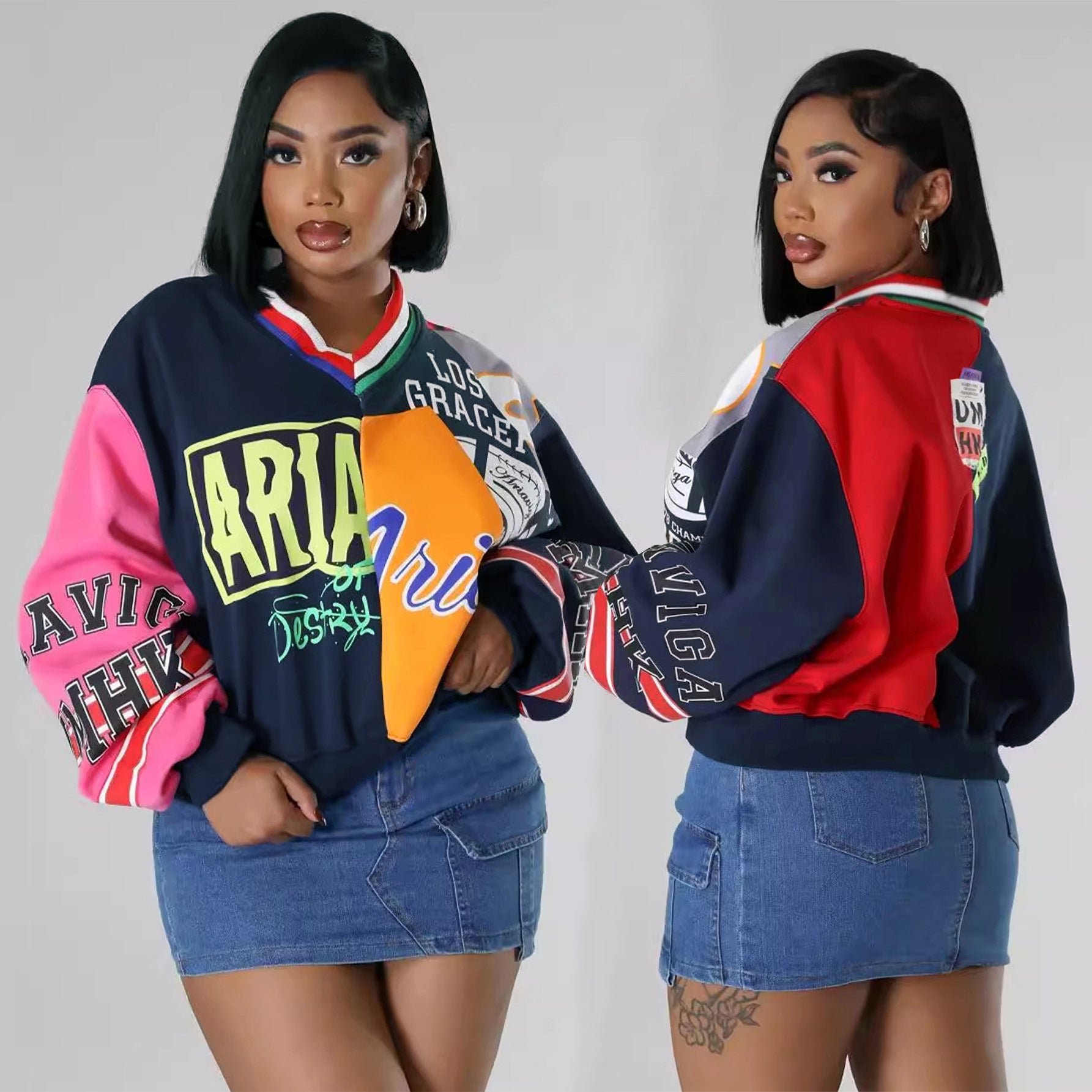 Women Casual V-Neck Patchwork Contrast Letter Print Loose Top 3