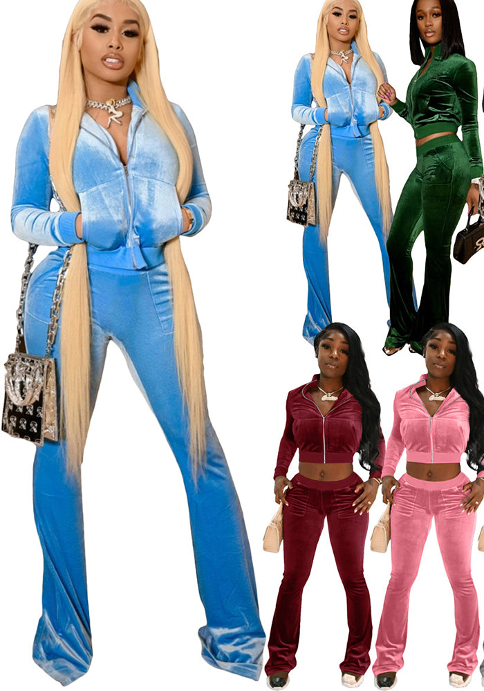 Women's Autumn Winter Velvet Zipper Pocket Two Piece Tracksuit
