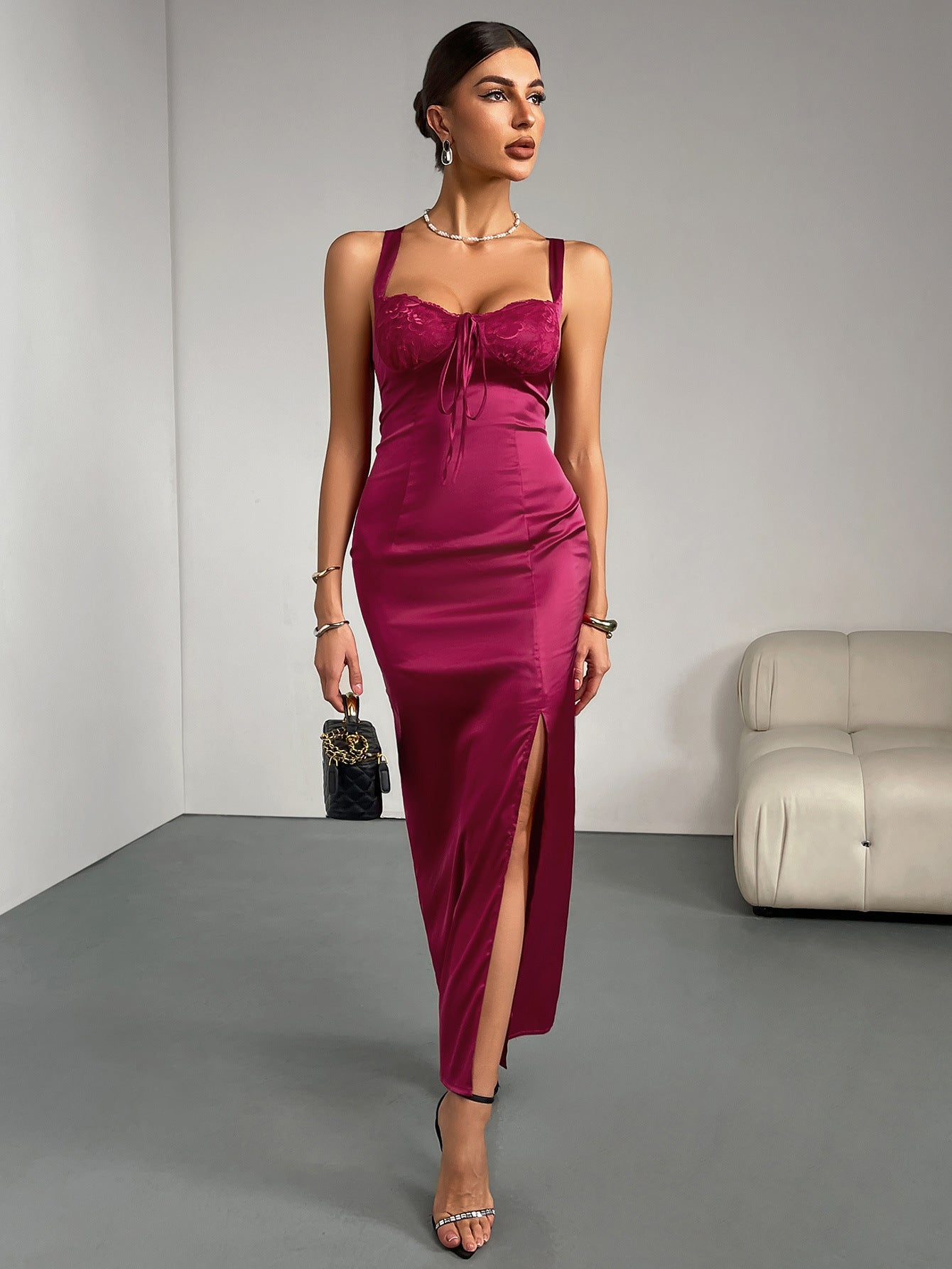 Stylish Summer Holiday Sexy Lace Patchwork Split Strap Slim Long Dress 5