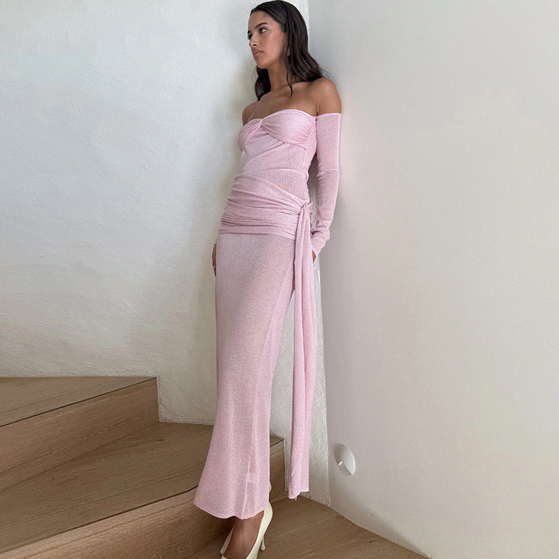 Women summer solid elegant off Shoulder Strapless Dress 5