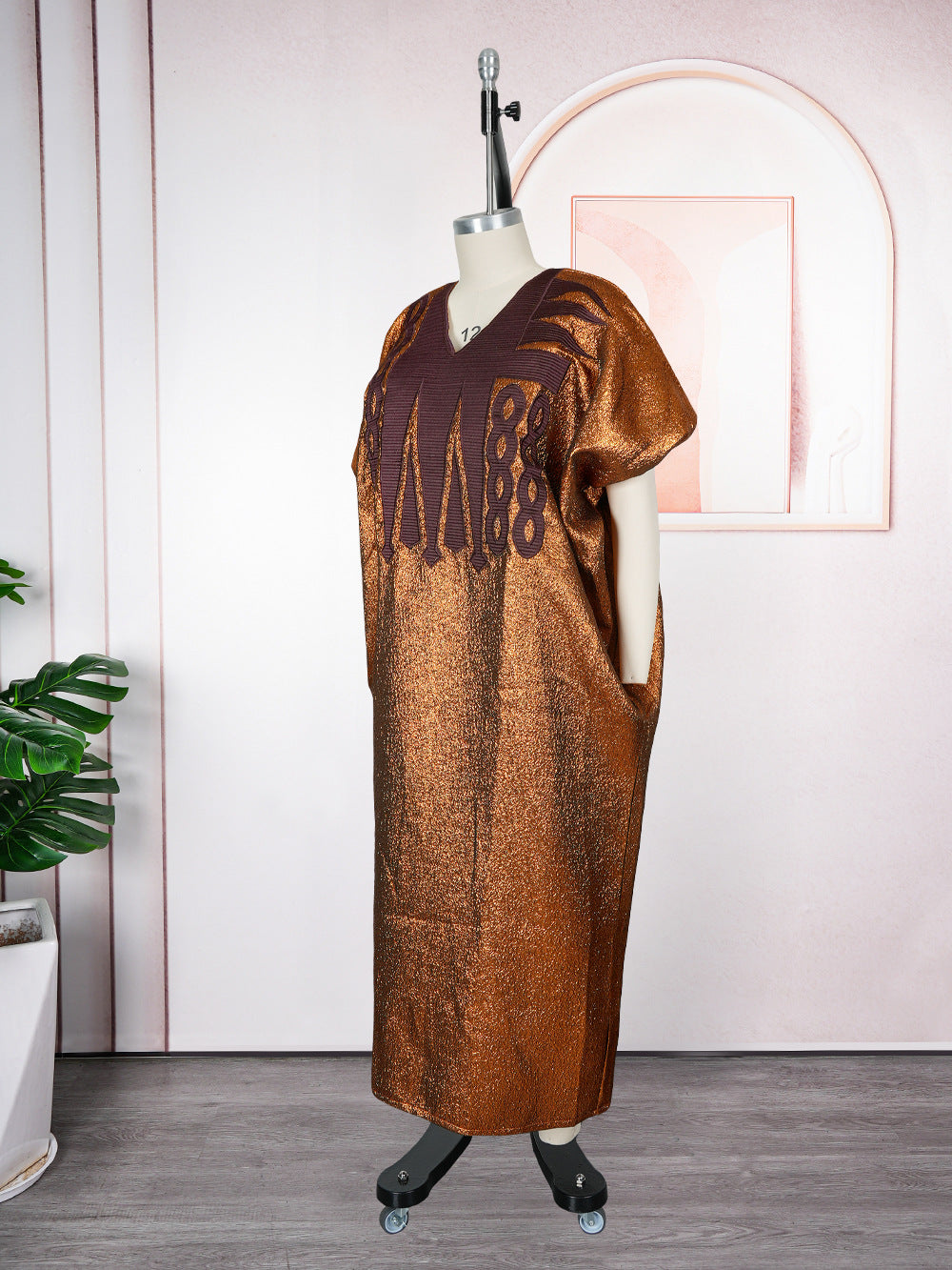 Muslim V-Neck Long Dress African Plus Size Women's Dubai Embroidered Robe Headscarf 13