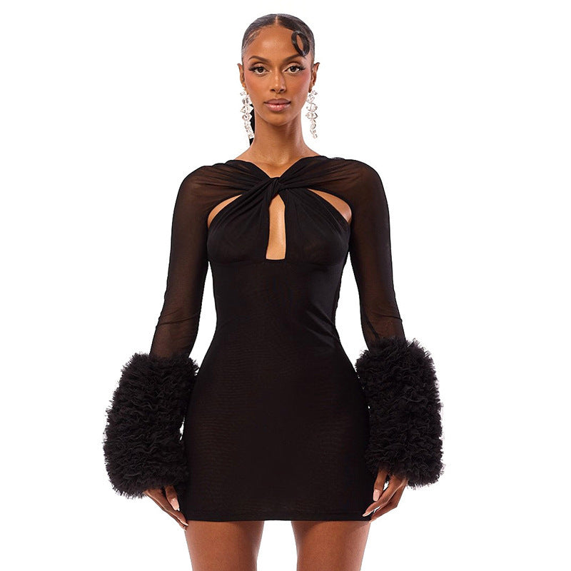 Women's Fashion Mesh Cross Cut-Out Long-Sleeve Fuzzy Sleeve Slim Bodycon Short Dress 9
