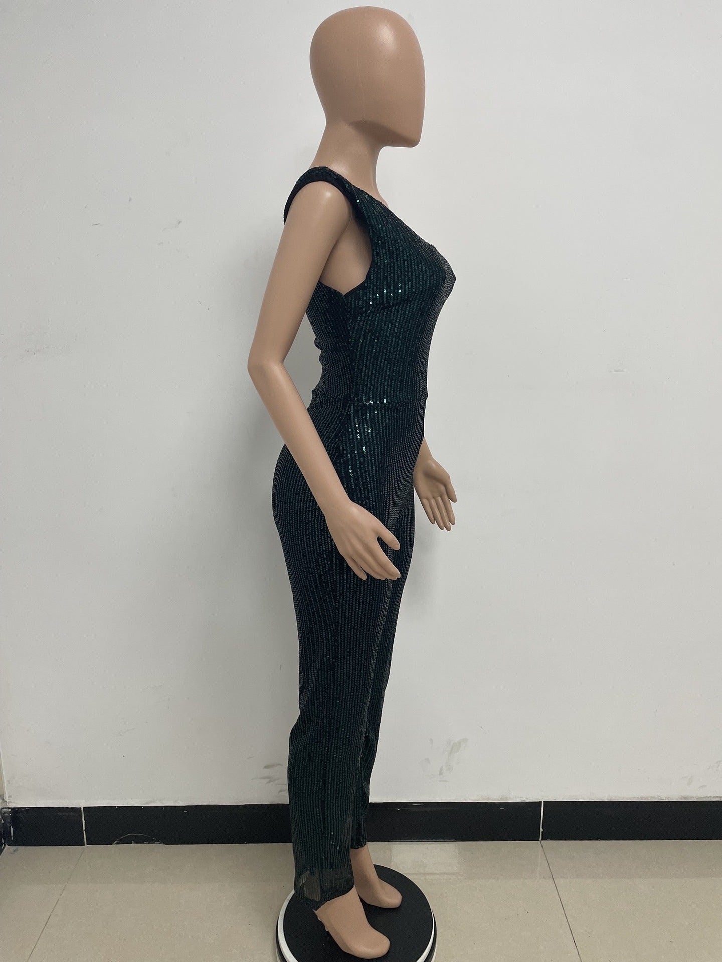 Women's Sleeveless One Shoulder Low Back Sequined Jumpsuit 42