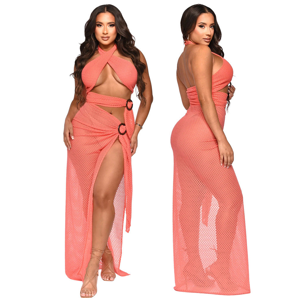 Sexy Halter Neck Mesh Slim High Slit Fashion Solid Color Long Dress 10