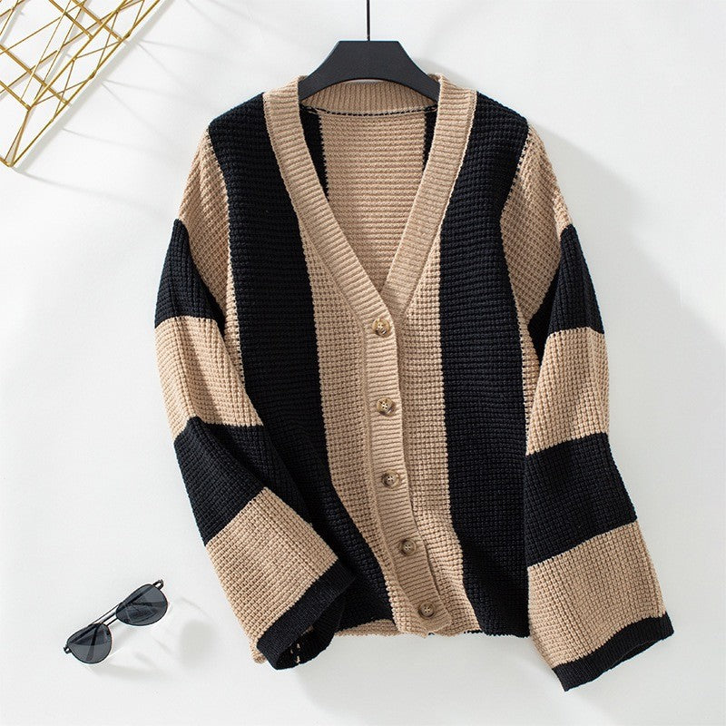 Fashionable Autumn And Winter Women's Striped Contrast Color Bell Bottom Sleeve Loose Knitting Cardigan 9