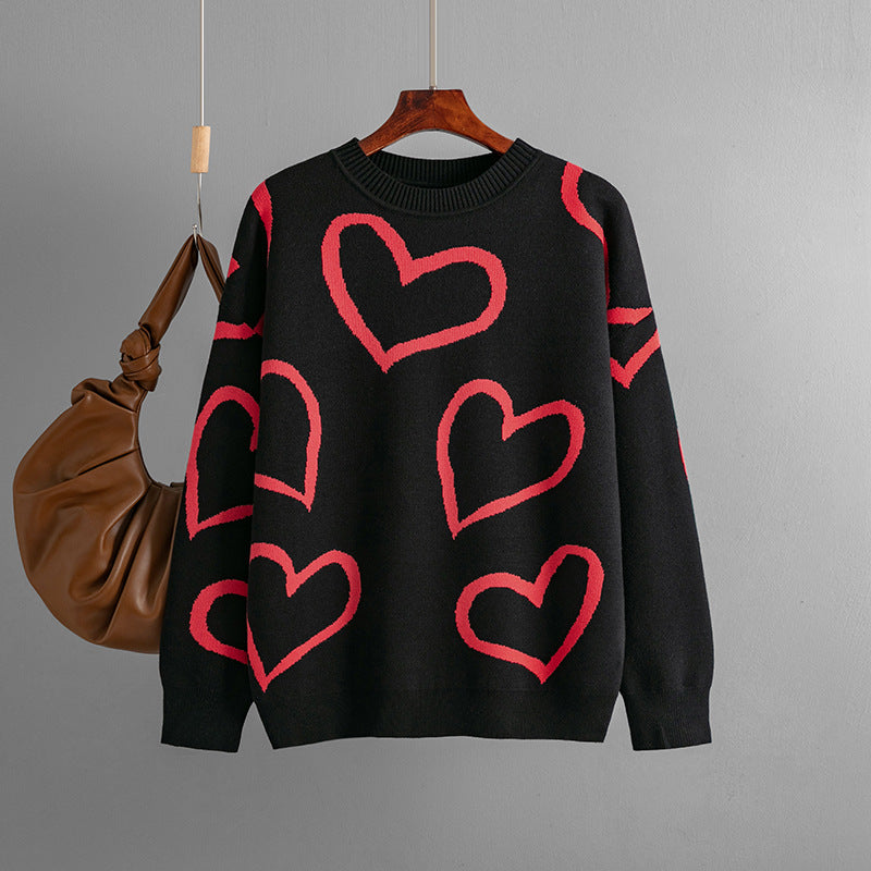 Women Round Neck Heart Print Contrast Sweater 11