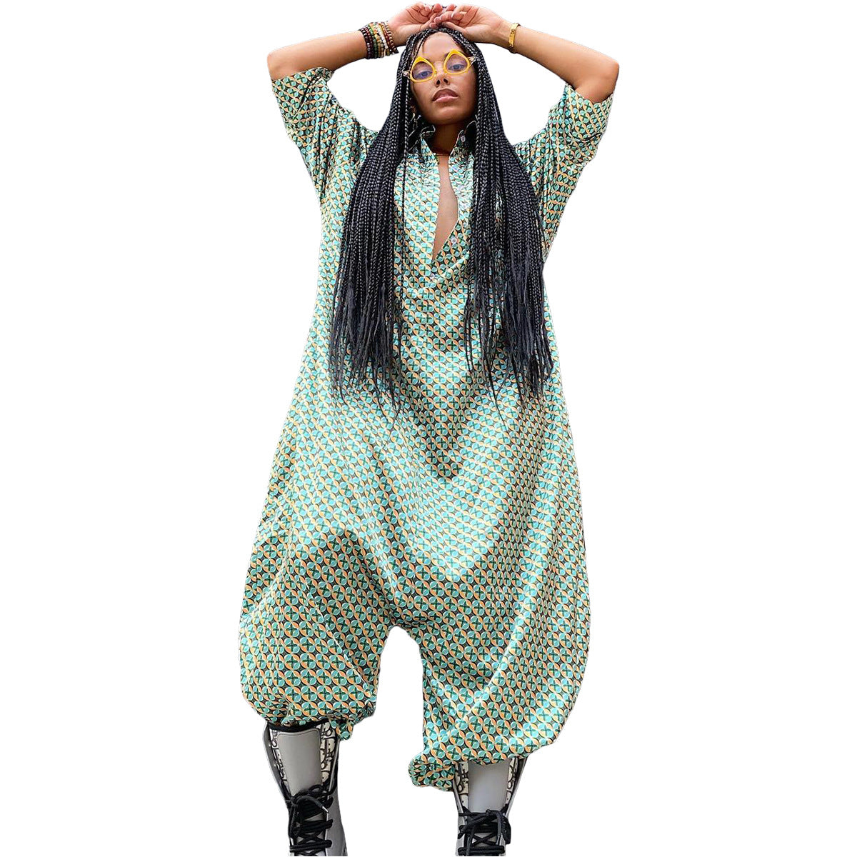 Fashionable Digital Printed Three-Quarter Sleeve  Loose Jumpsuit 6