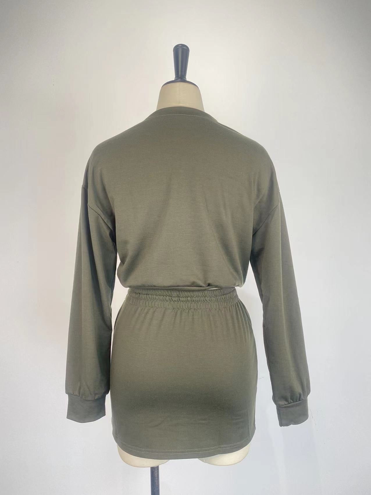 Women Long-Sleeved Solid Bodycon Skirt Two-Piece Set 13