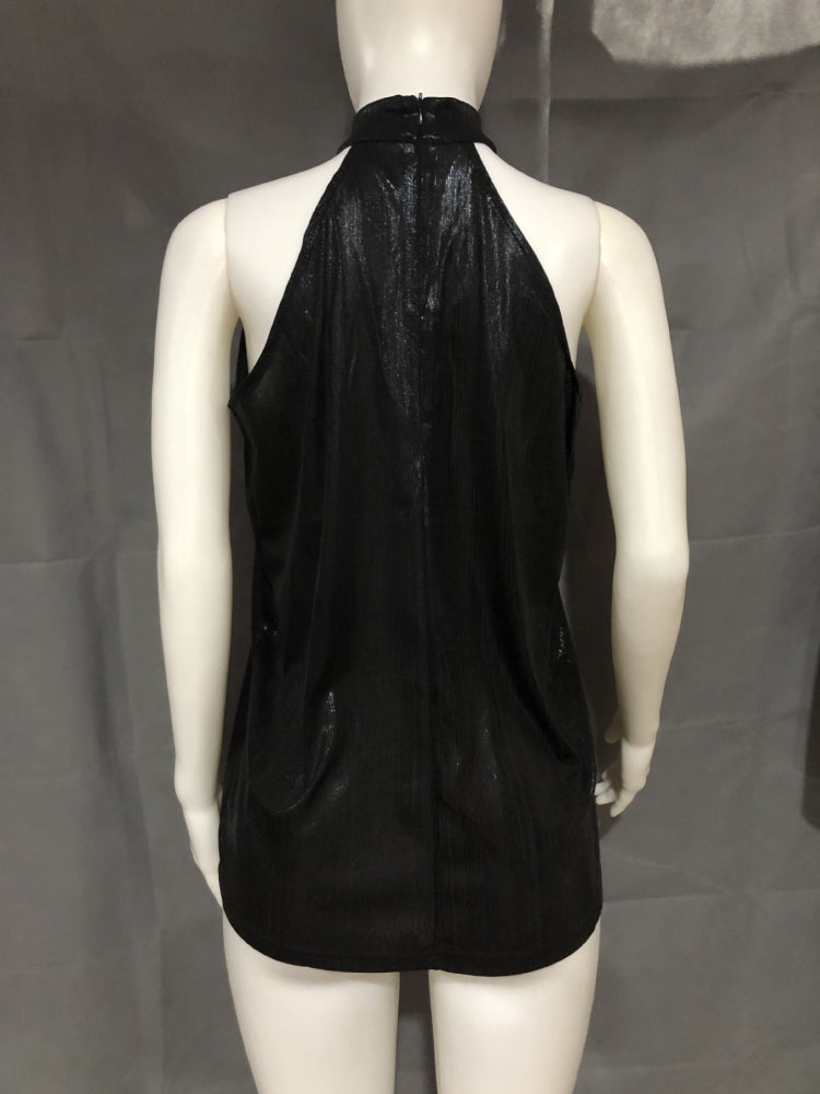 Women Summer Black Romantic O-Neck Sleeveless Solid Regular Tops