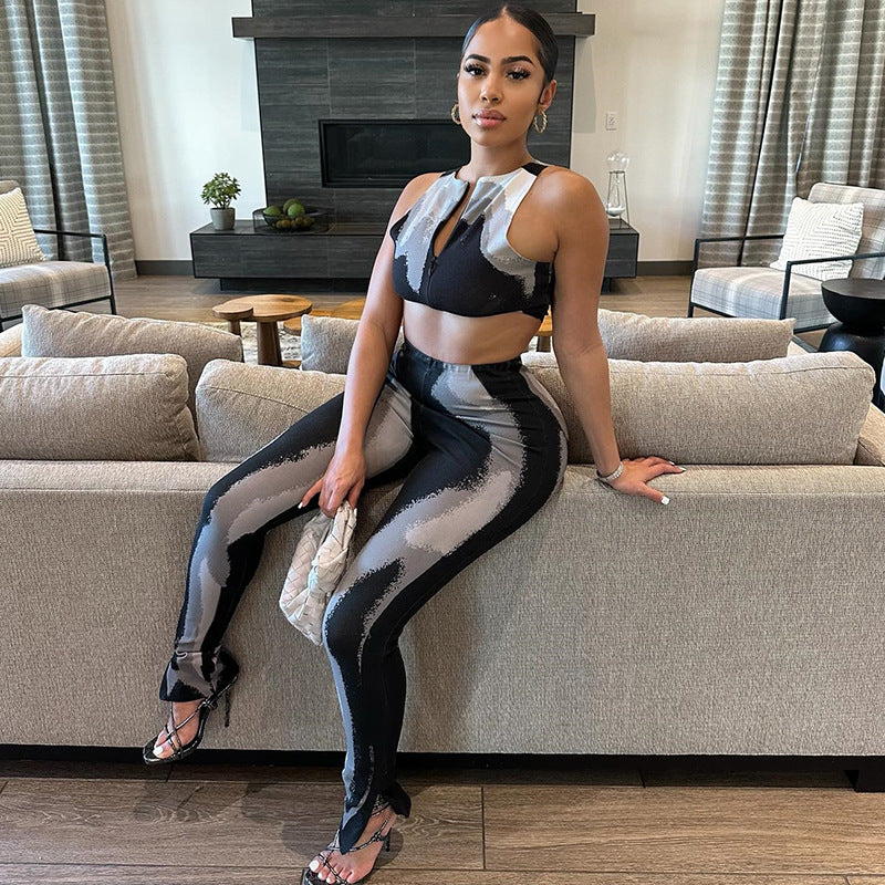 Women Zipper Print Top and Long Pants Two-piece Set 3