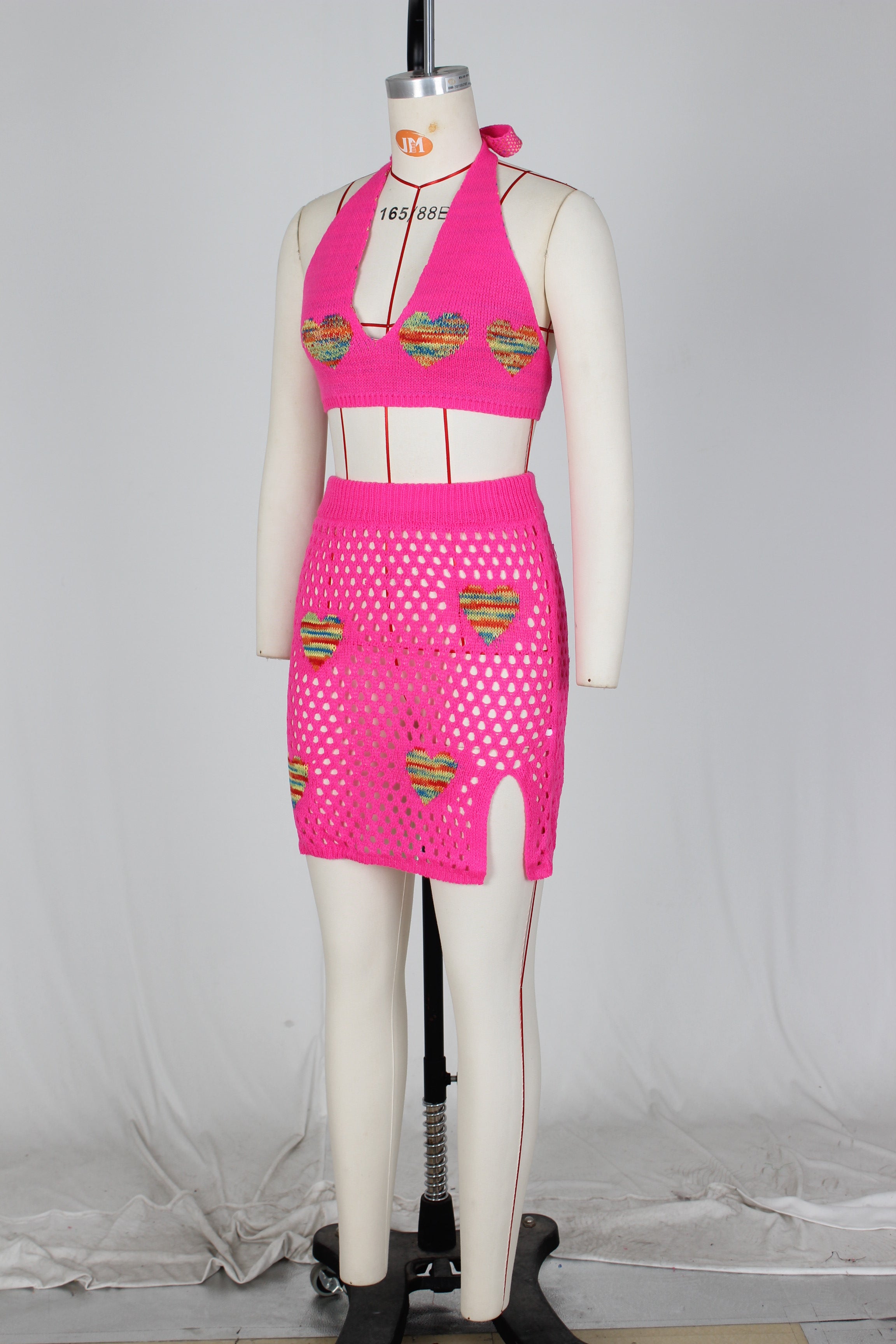 Women's Sexy Heart Print Jacquard Hollow Knitting Beach Fashion Two Piece Skirt Set 28