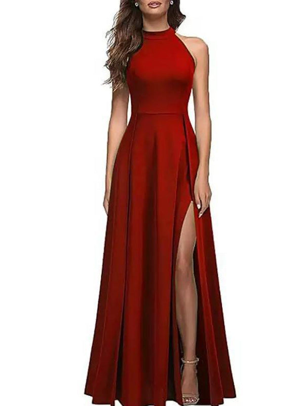 Solid Color Round Neck Sleeveless Slim Waist Slit Dress Long Gown 5