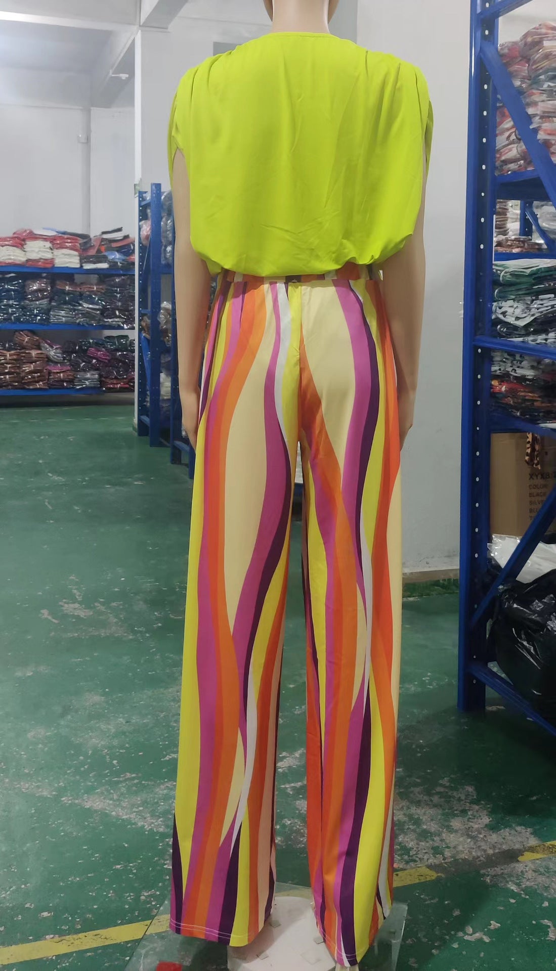 Women's Spring Summer Solid Bat Sleeves Top Print Wide Leg Pants Two-Piece Set 22