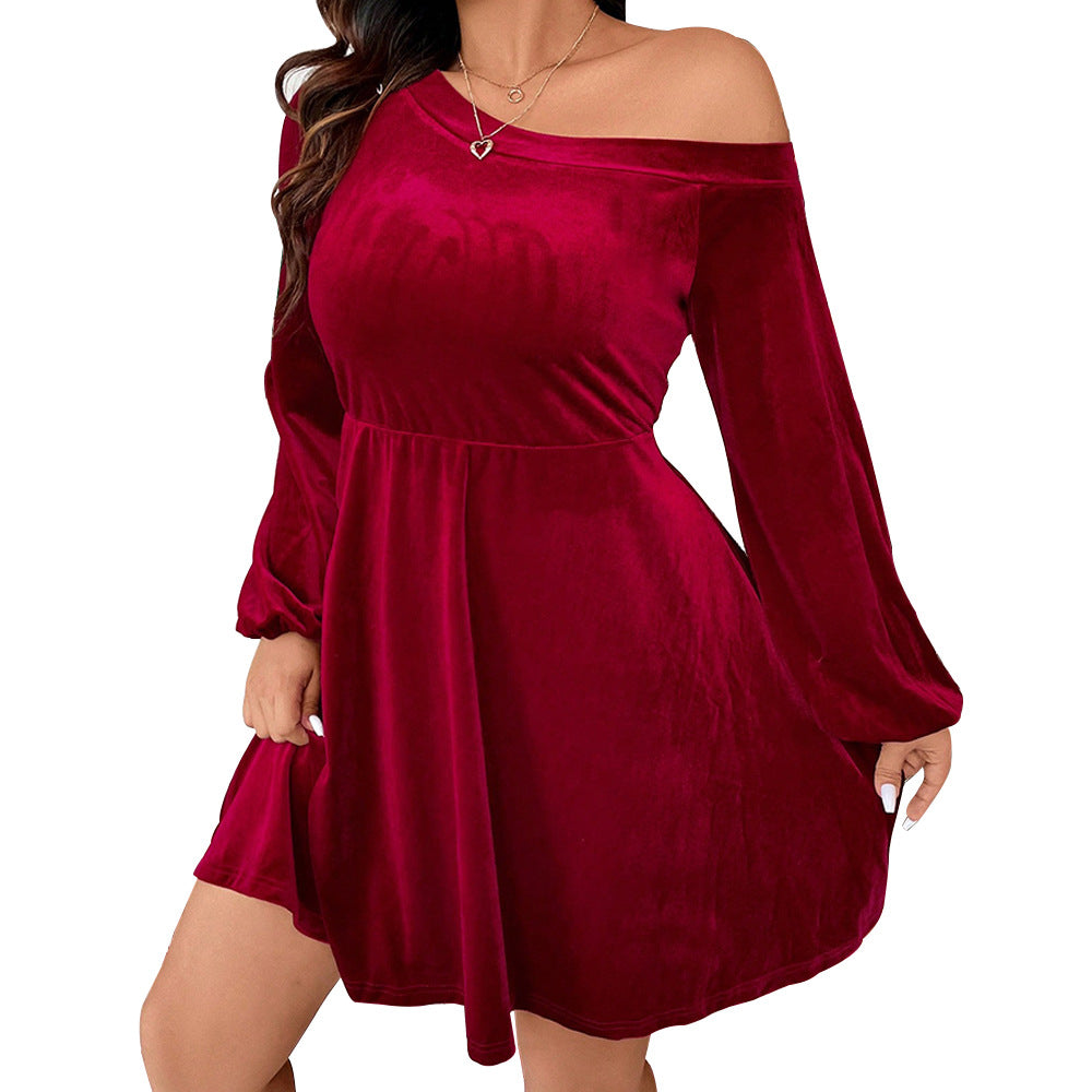 Christmas Plus Size Women's Chic Sexy Off Shoulder Long Sleeve Velvet Slim Waist A-Line Dress 6