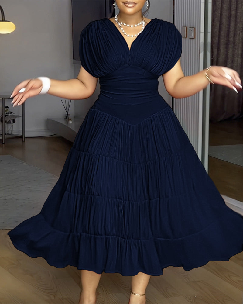 Red V-Neck Sleeveless Slim Waist Pleated A-Line Long Dress 3