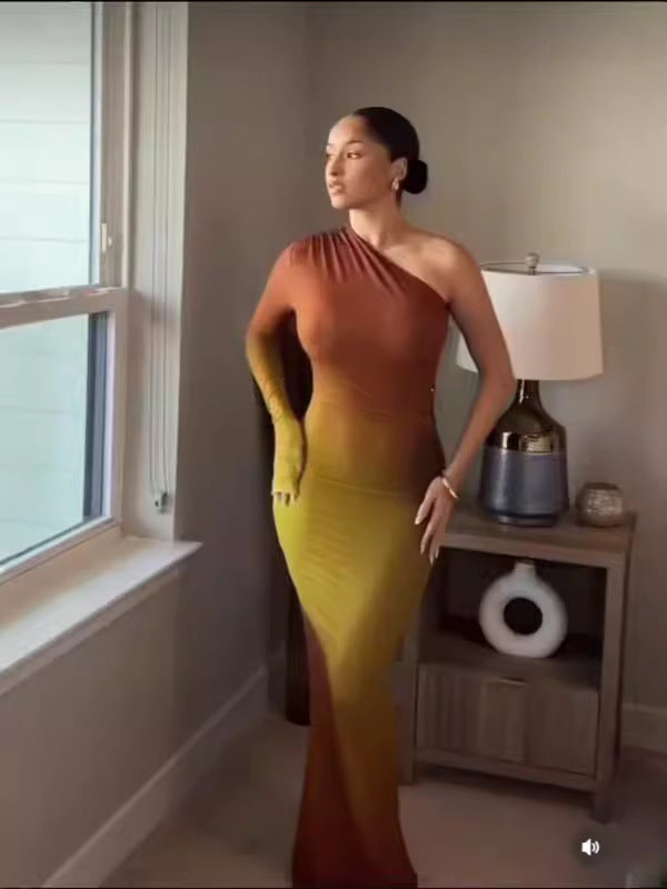 Summer Fashion Sexy Slash Shoulder Single Sleeve Gradient Color Slim Long Dress 3