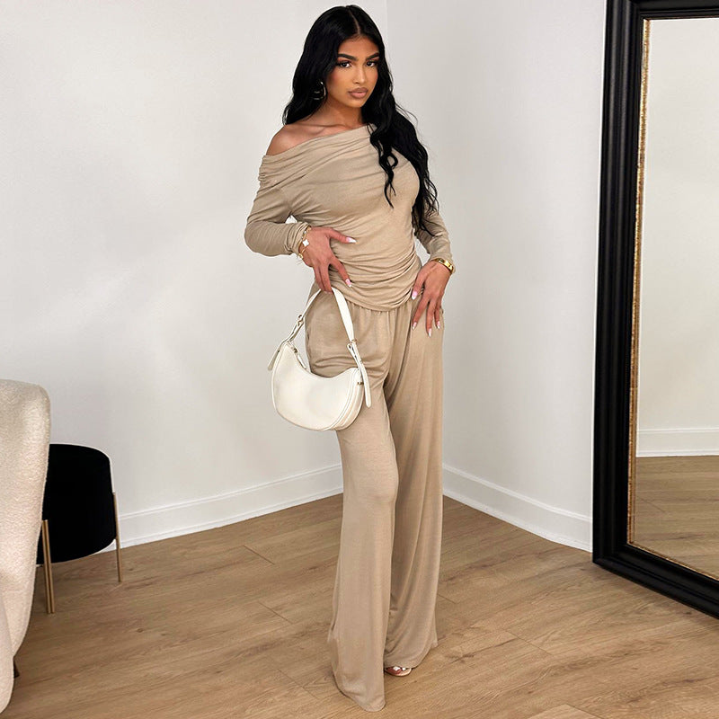 Women Fall Casual Asymmetric Long Sleeve T-Shirt and Wide Leg Pants Two Piece Set