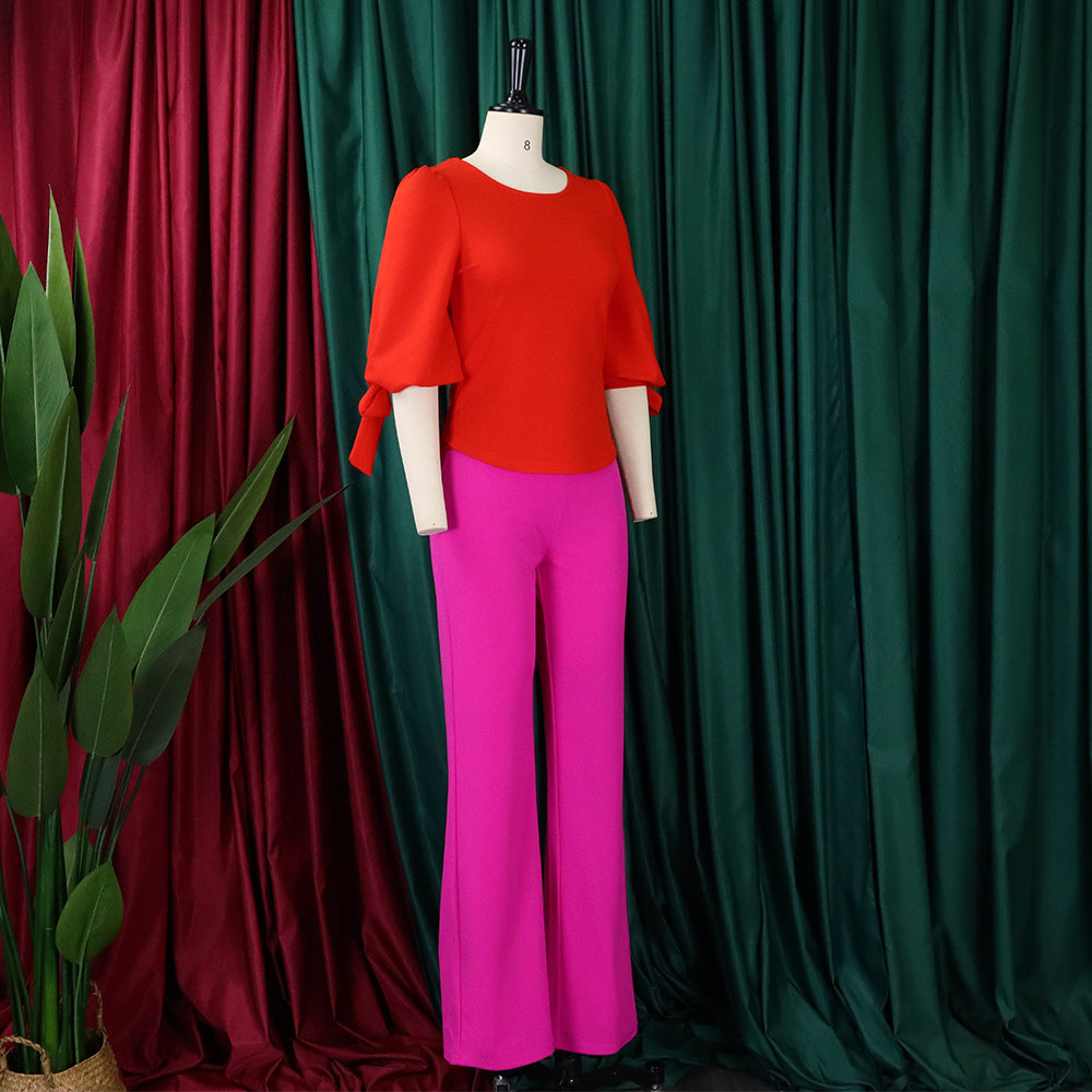 Women's Casual Set Loose Plus Size Lace-Up Top High Waist Wide Leg Pants Two-Piece Set 16