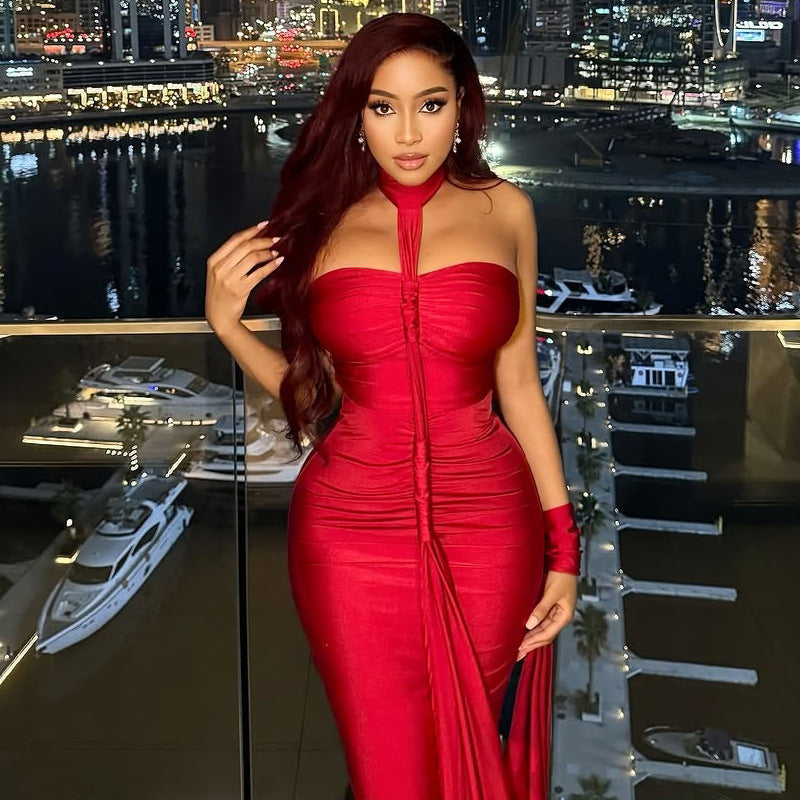 Solid color chic women's clothing low back strapless halter neck long dress formal party gown 6