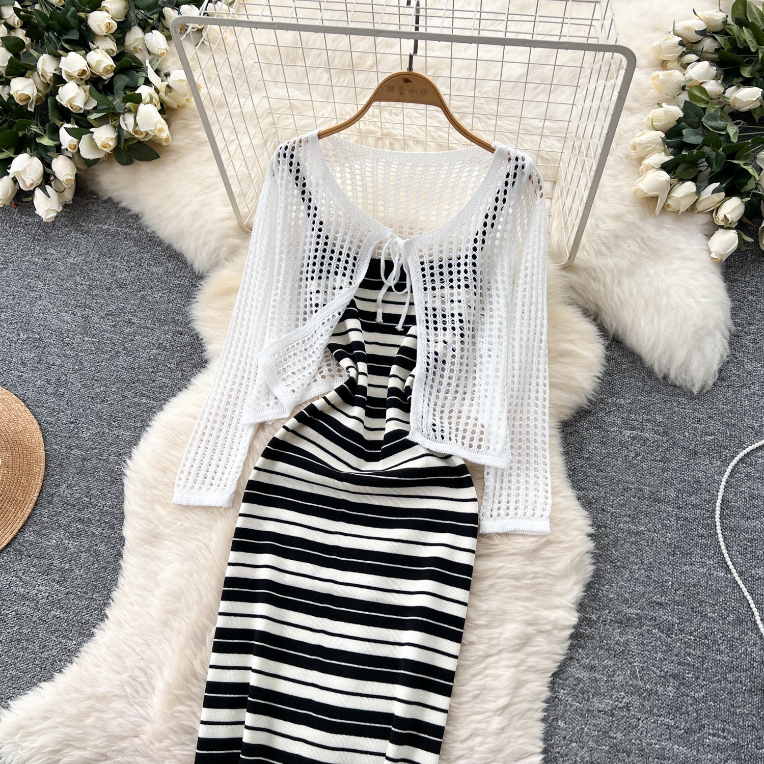 Tie Up Cardigan Low Back Strap Slim Fit Chic Stripes Knitting Dress 9
