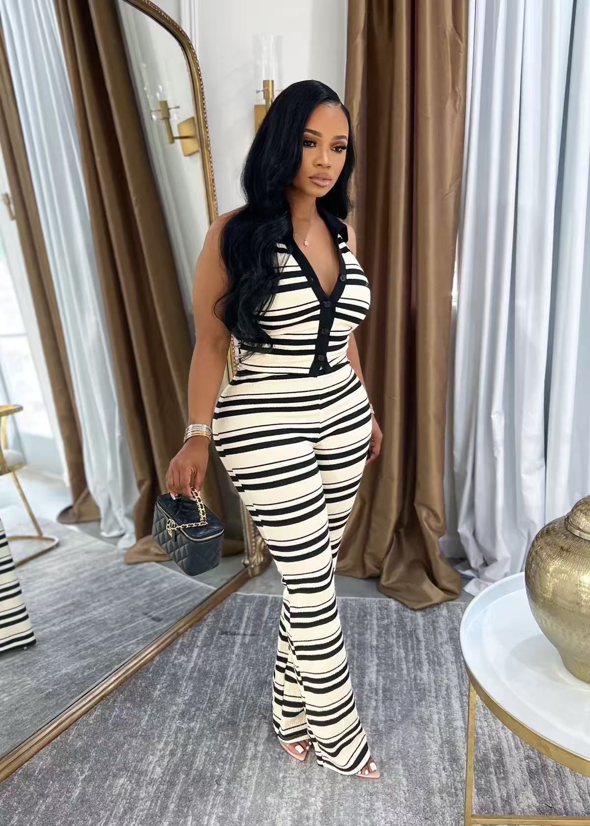 Women Summer Casual Shirt Collar Sleeveless Top and Pants Two-Piece Set