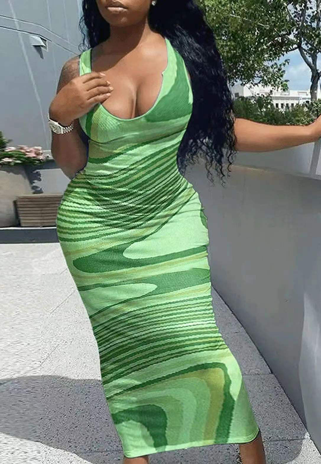 Women wave print dress 4