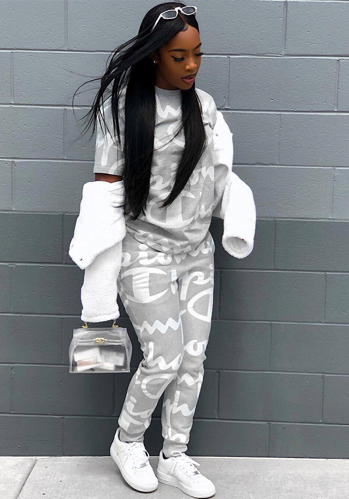 Women Fall Casual Letter Printed Top and Pants Two-piece Set