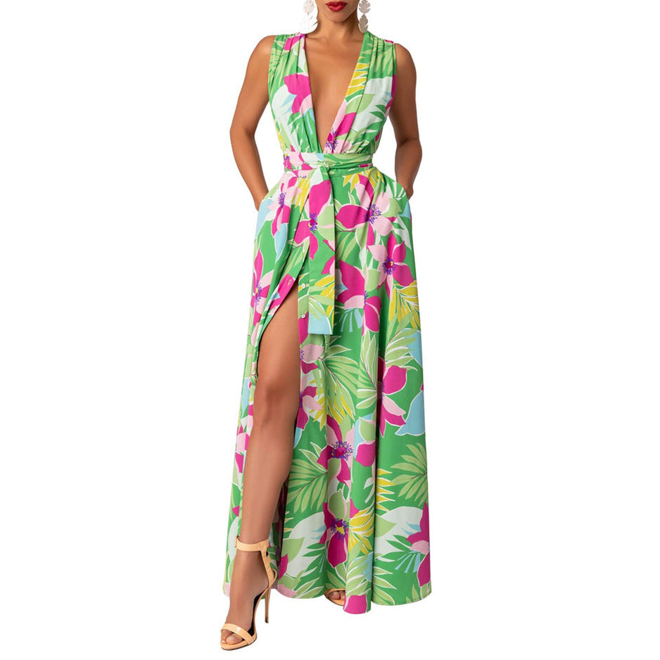 Summer Women's V-Neck Printed High Waist Belt Swing Maxi Dress 12