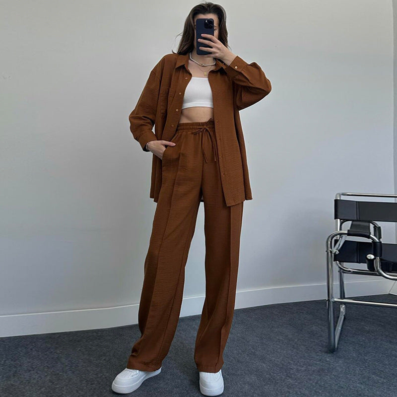 women's autumn and winter long-sleeved shirt elastic waist trousers casual two-piece pants set 19