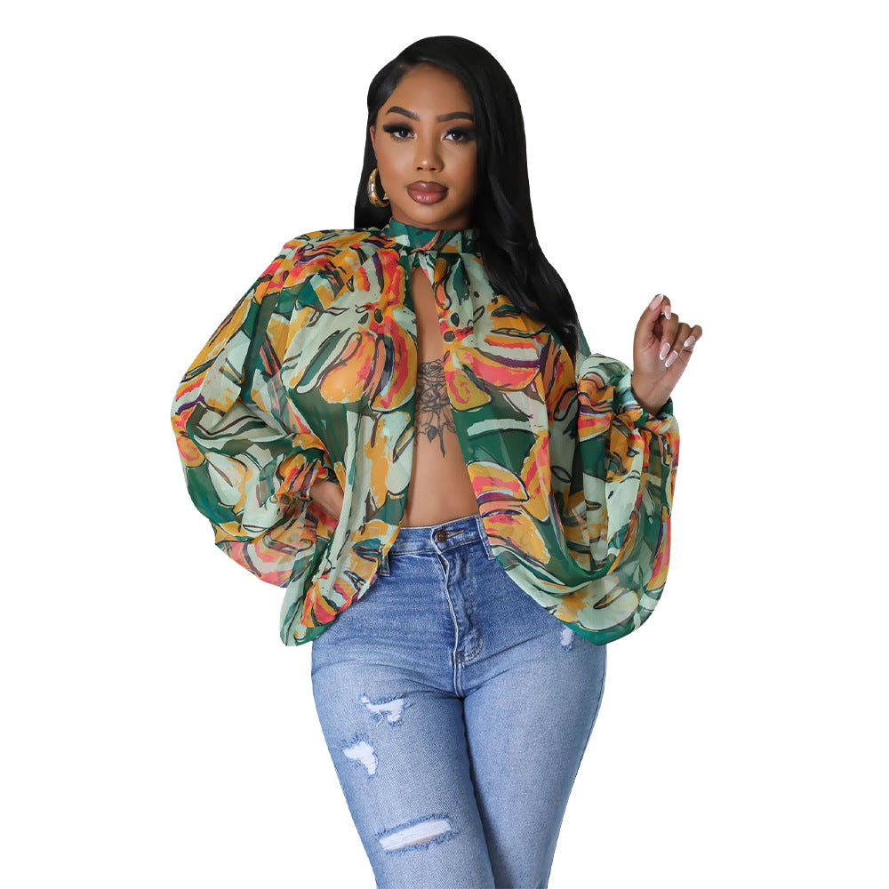 Women's Summer Lace-Up Printed Chiffon Shirt Bat Sleeves Top 15