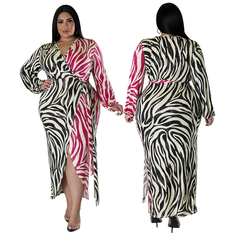 Plus Size Women Printed Two-Color Patchwork Lace-Up Irregular Sexy Dress 3