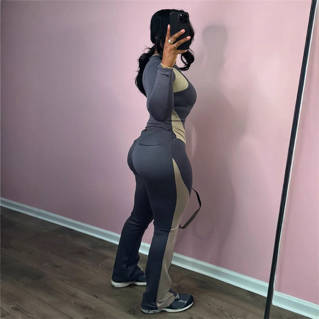 Color Block Sexy Long Sleeve Fashion Two Piece Pants Set for Women 5