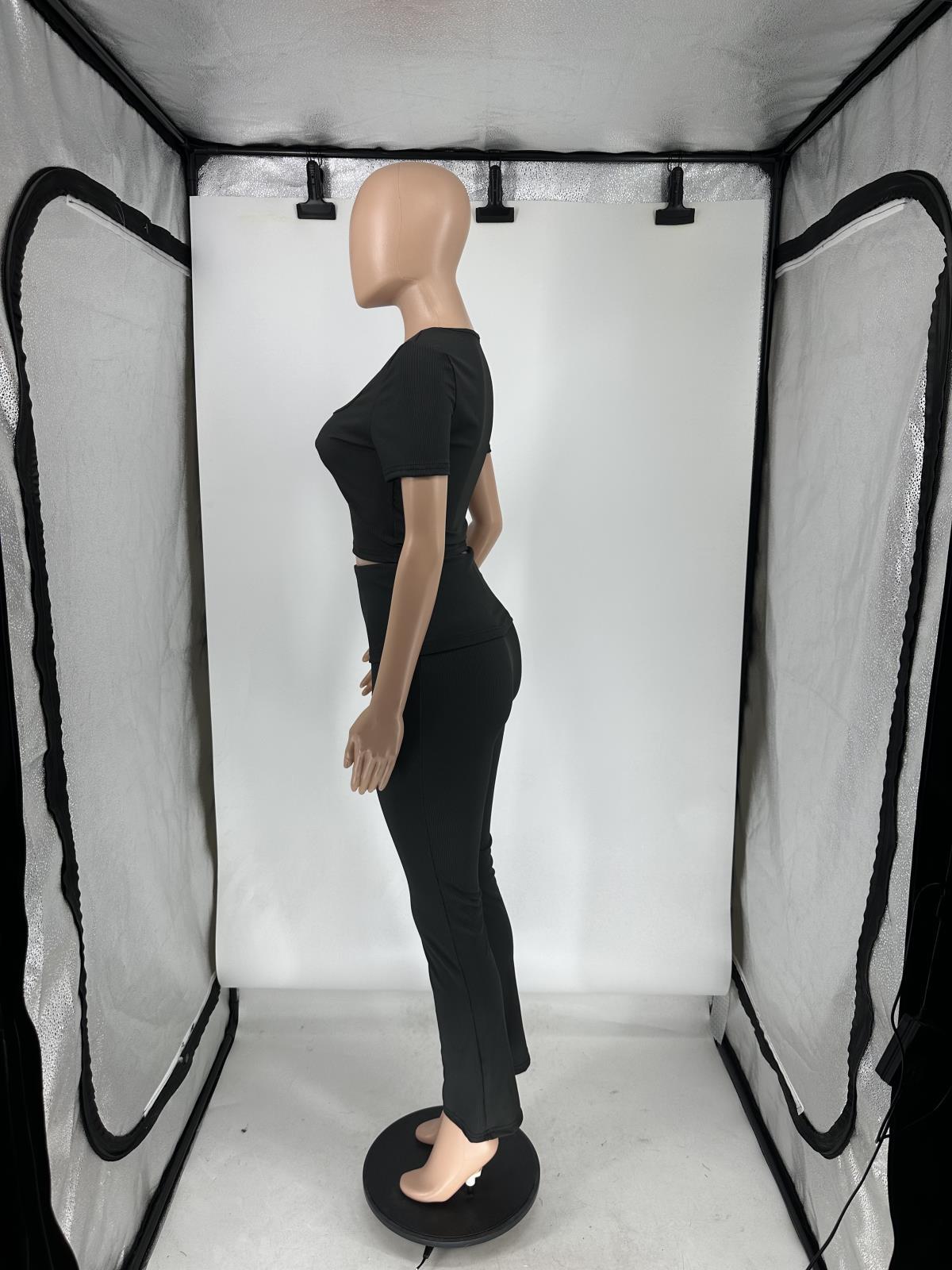 Women Summer Ribbed U-neck Short Sleeve Top and Pant Two-piece Set 25