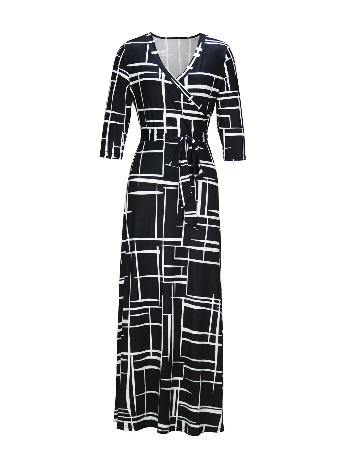 Spring & Autumn Women's Fashion Elegant Wrap V-Neck Half-Sleeve Print Belt Maxi Dress 110