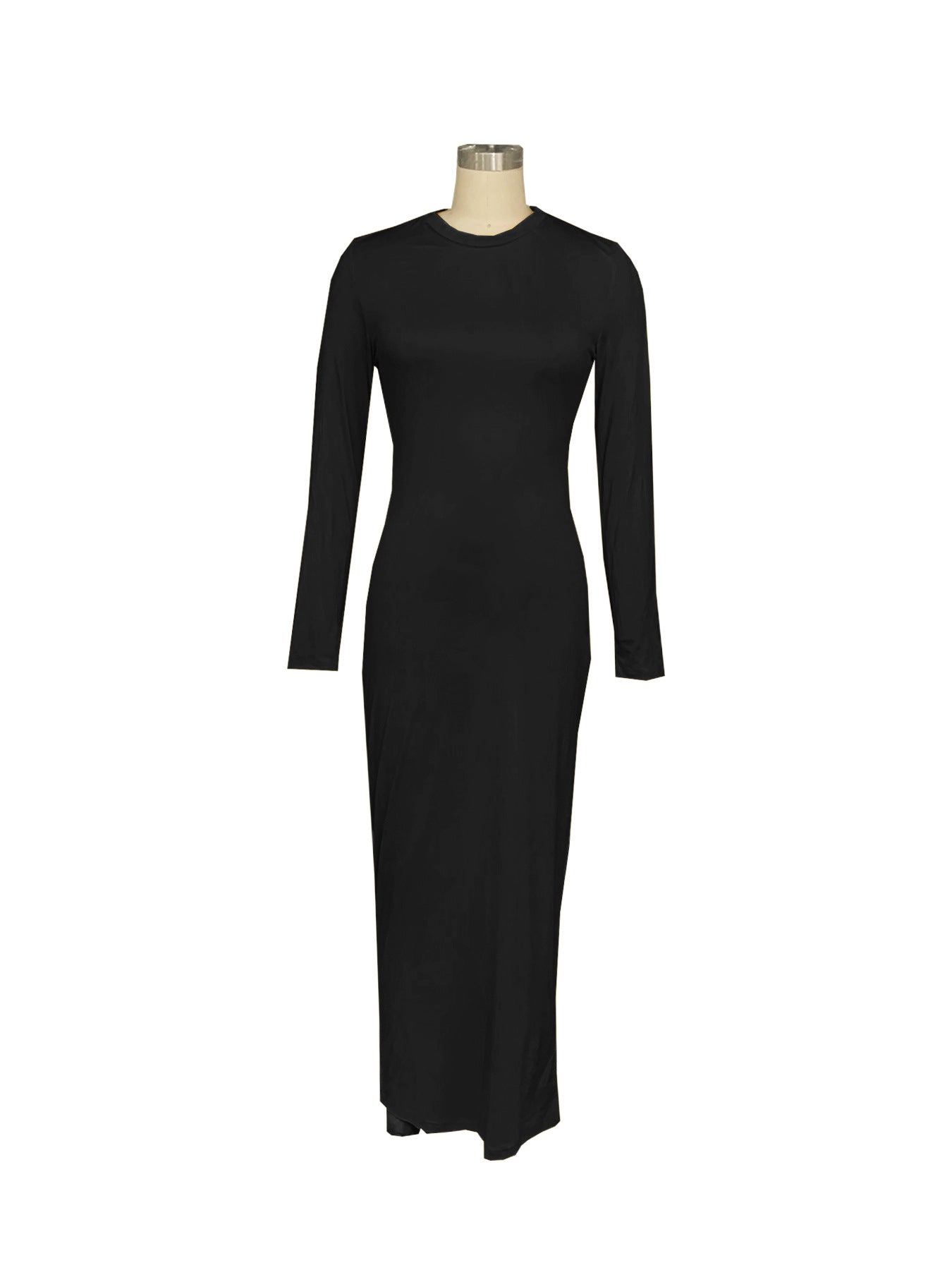 Women's Fashion Sexy Solid Color Round Neck Long Sleeve Slim Long Dress 21