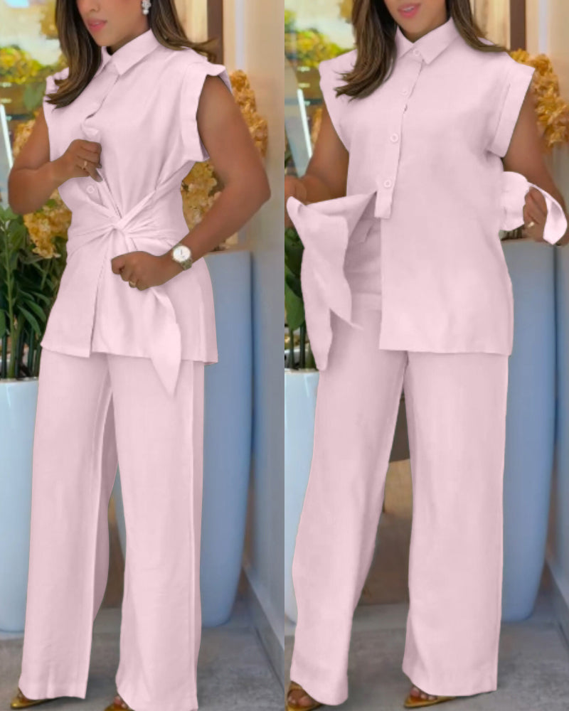 Women's Fashion Sleeveless Lace-Up Shirt Wide-Leg Pants Set 5