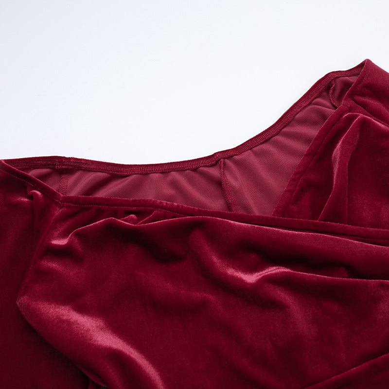 Women Off Shoulder Sexy Slit Velvet Dress 7