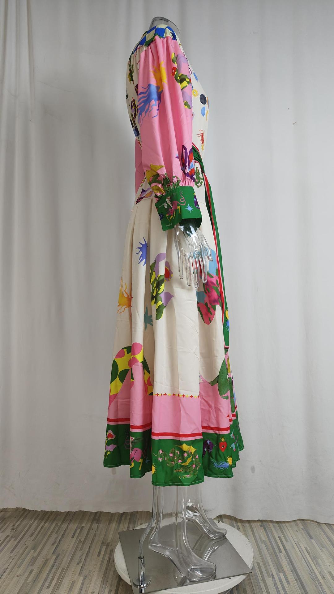 Women Chic Balloon Sleeve Turndown Collar Long Sleeve Dress 35