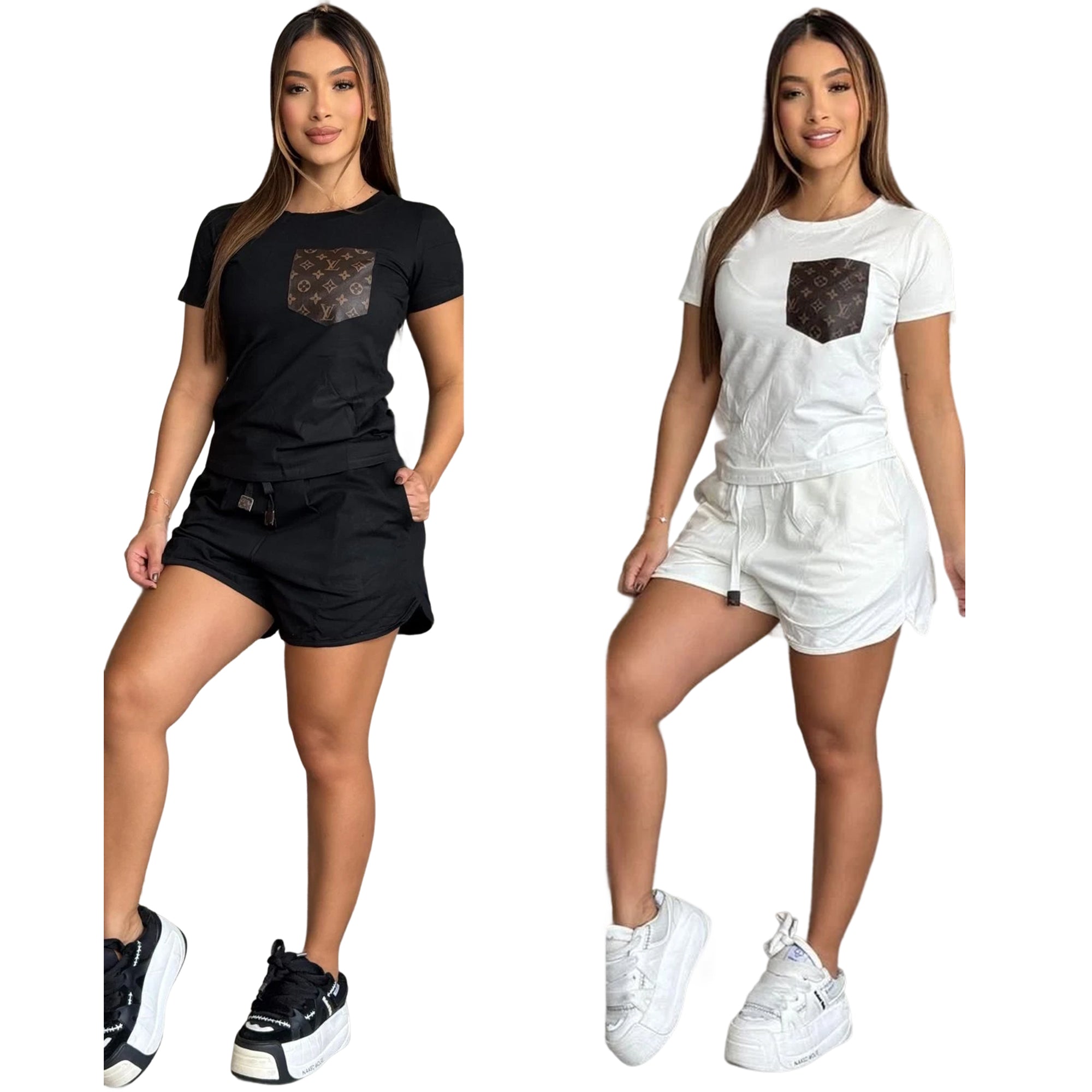 Women Casual PU-Leather Pocket Short Sleeve Top Shorts Two-piece Set 4