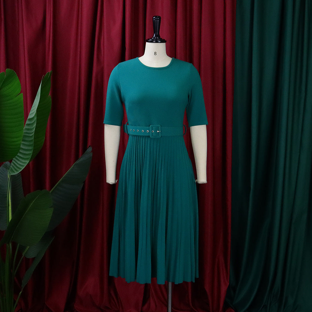 Women's Summer Fashion Round Neck Short Sleeve Solid Color Pleated Elegant Plus Size African Dress 7