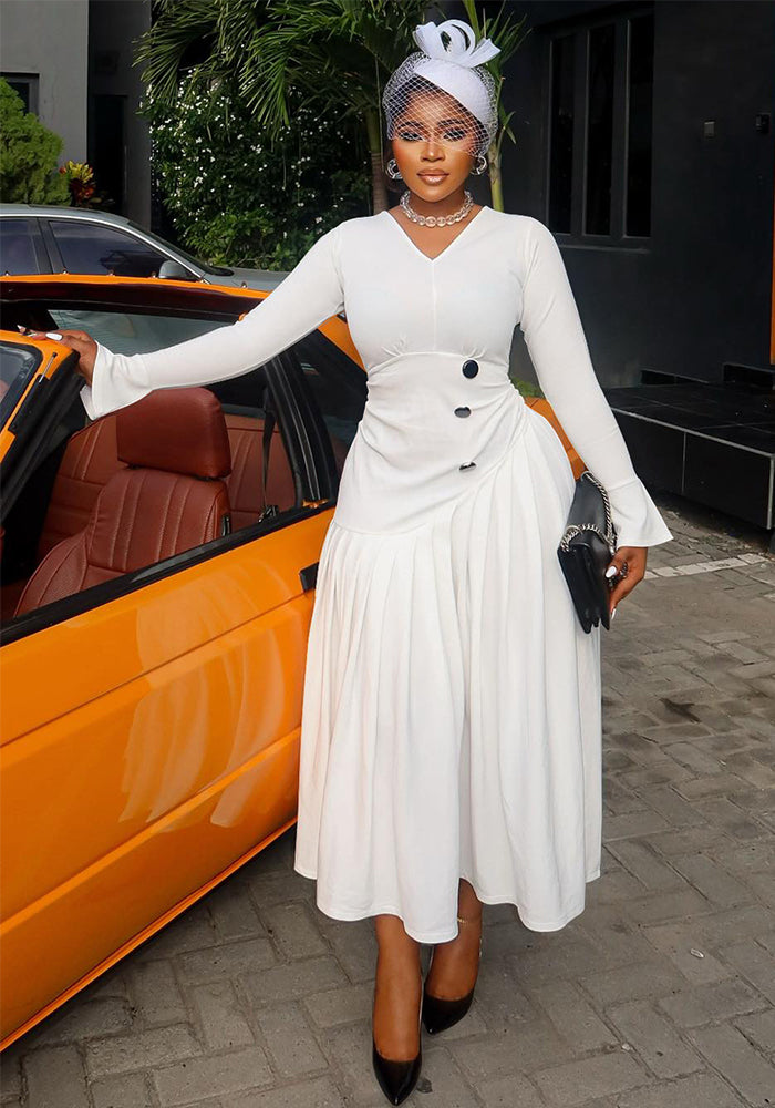 Plus-Size Women Autumn V-Neck Pleated Maxi Dress