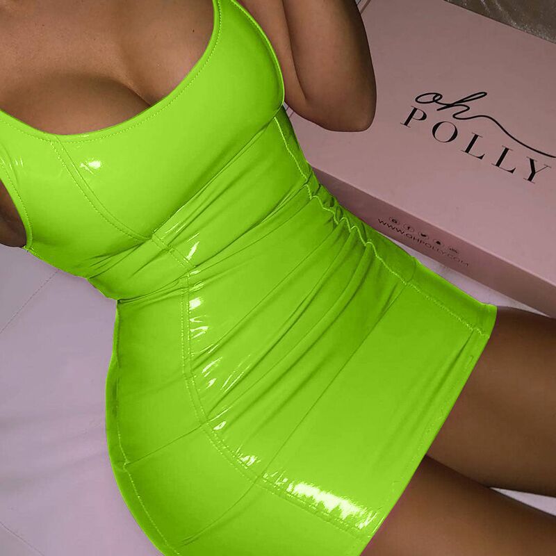 Pu Leather Solid Color Strap Dress Women Tight Fitting Leather Skirt Sexy Sleeveless Leather Bodycon Skirt 11