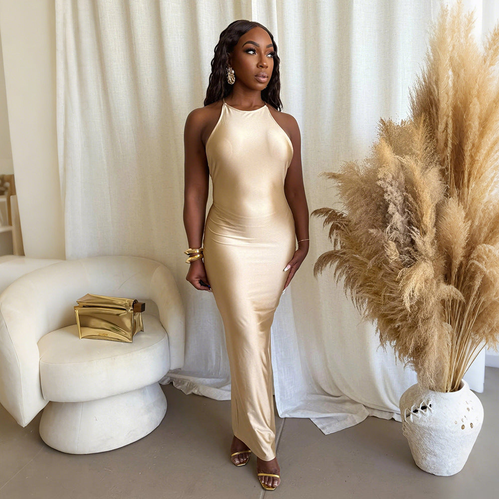 Women's Slim Fit Halter Neck Solid Color Long Dress 4