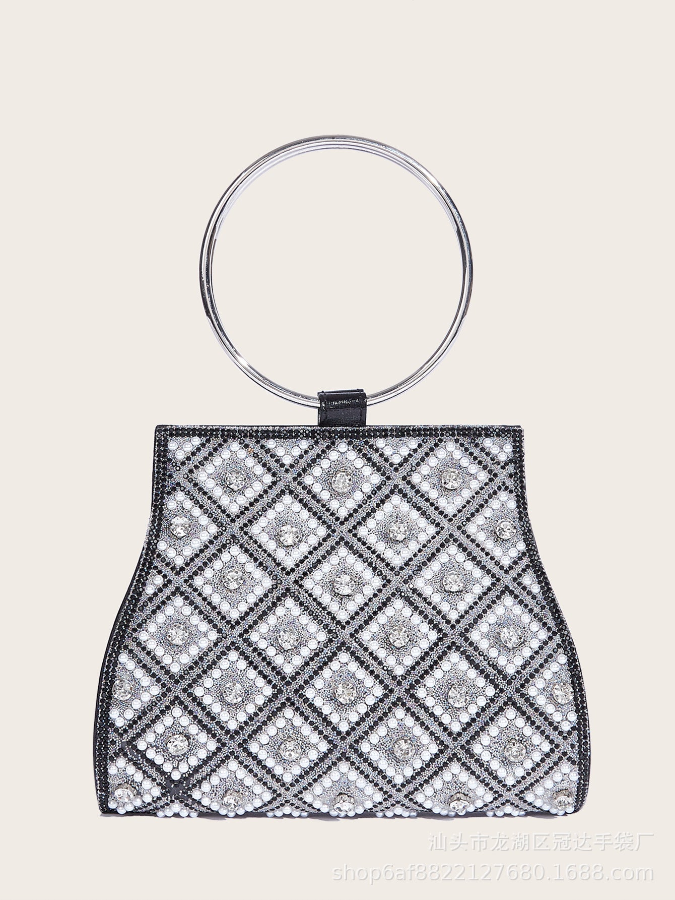Women Pearl Diamond Evening Bag Wrist Ring Clutch 6