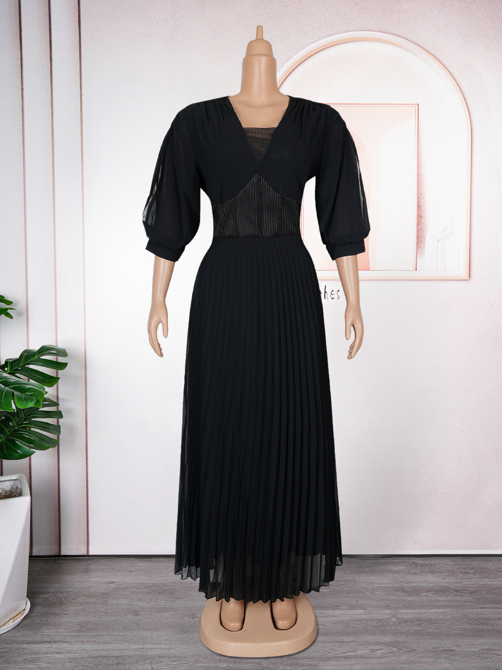 Plus Size African Women elegant v-neck pleated dress 12