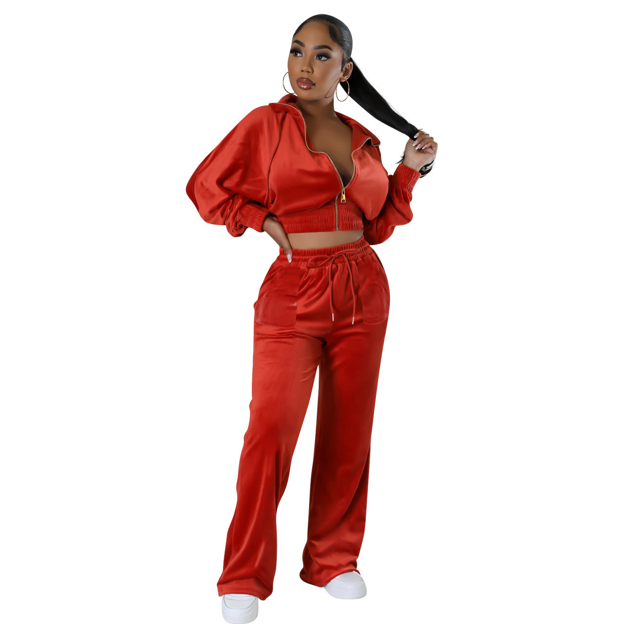 Women Solid Zipper Top and Pant Two-piece Set